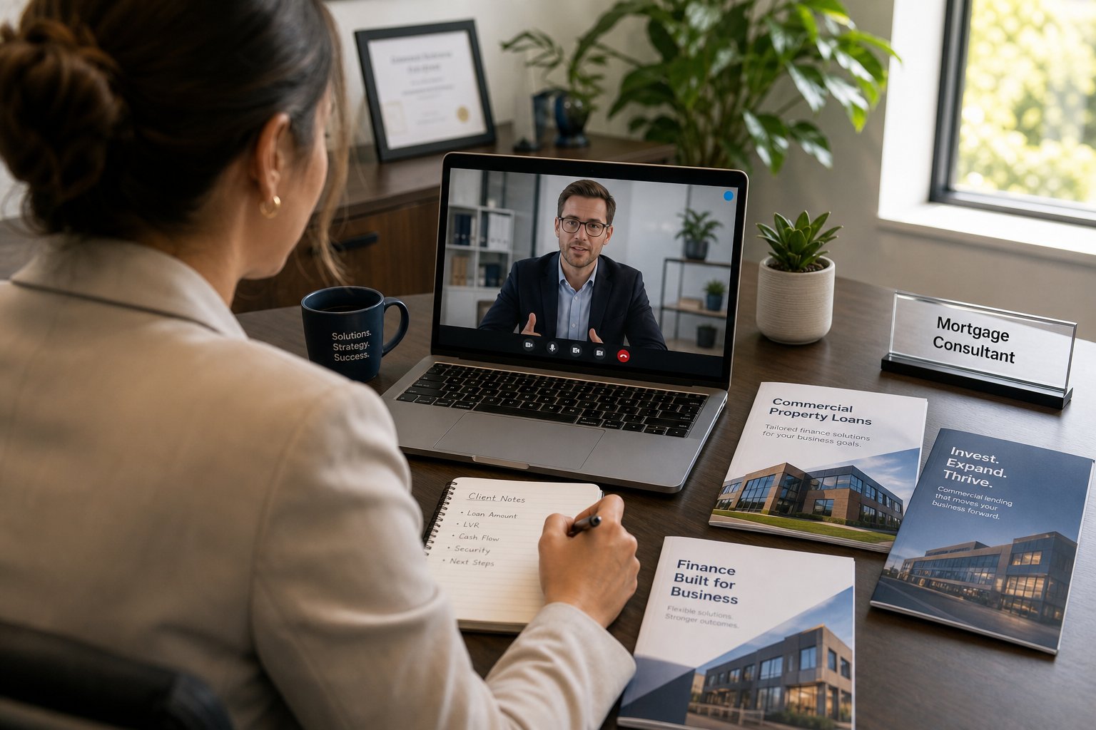 Mortgage consultant on a video call with a business client in a bright tidy office.