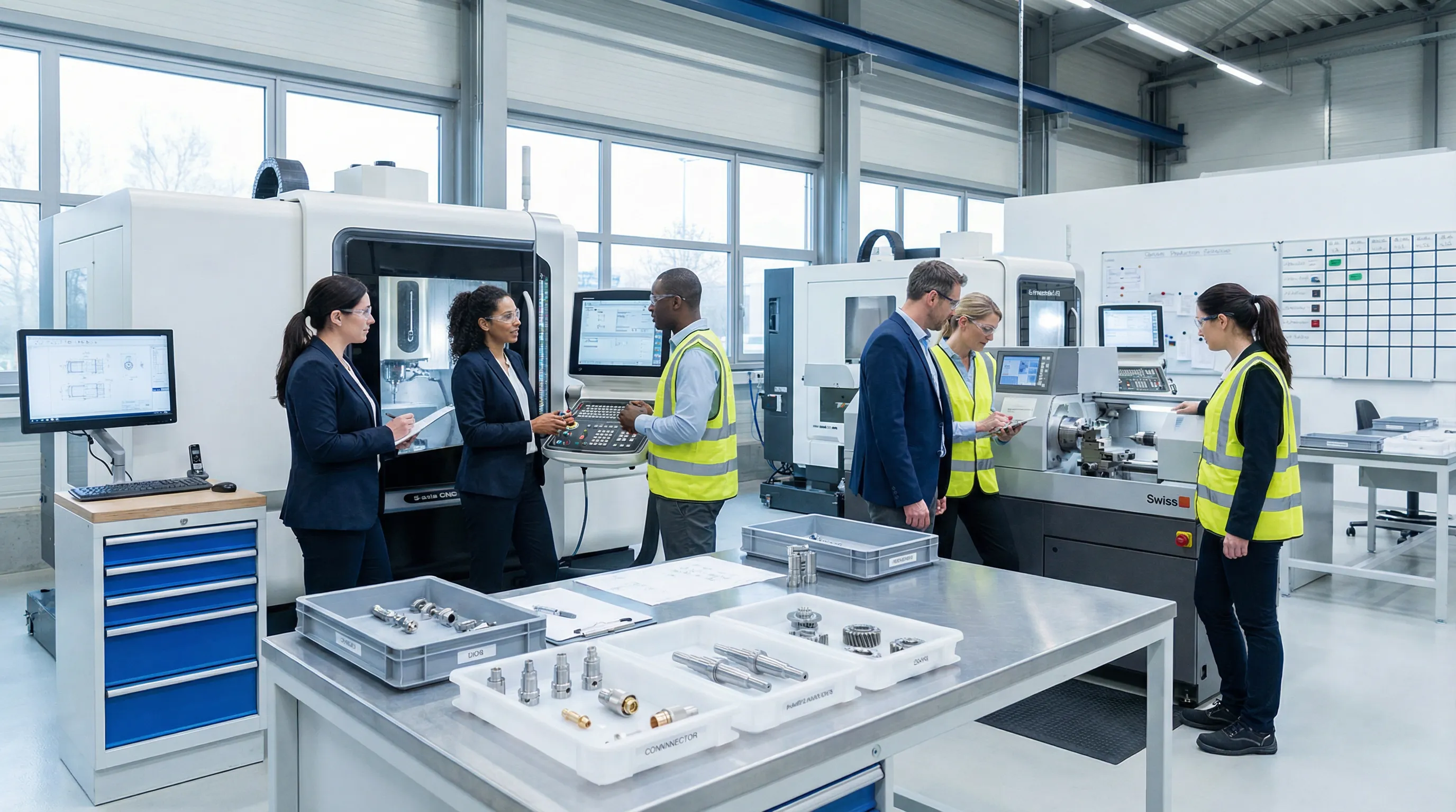Professionals overseeing CNC machines in a modern, well-lit manufacturing facility.