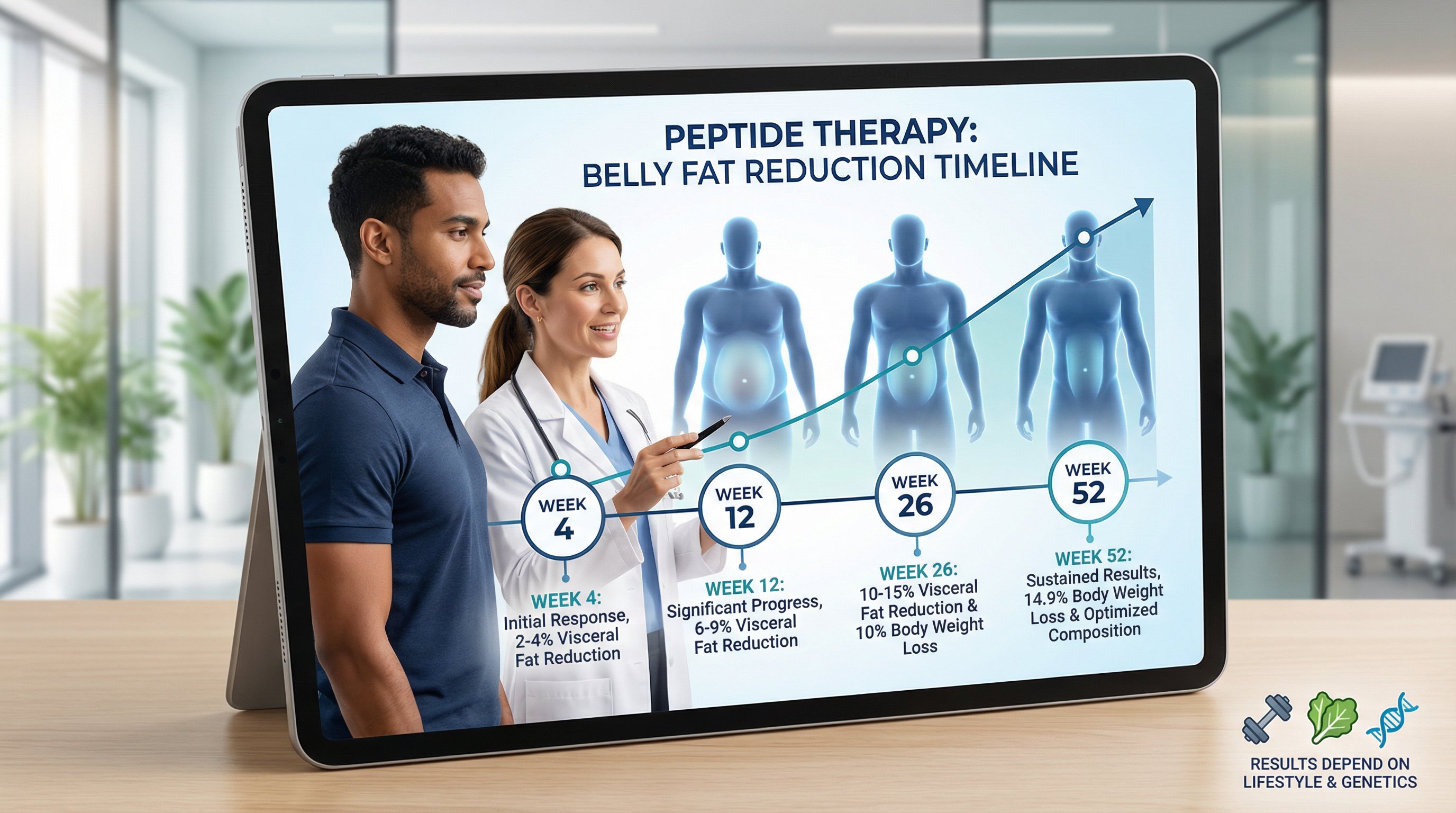 Doctor and patient reviewing a peptide therapy results timeline chart in a modern clinic.