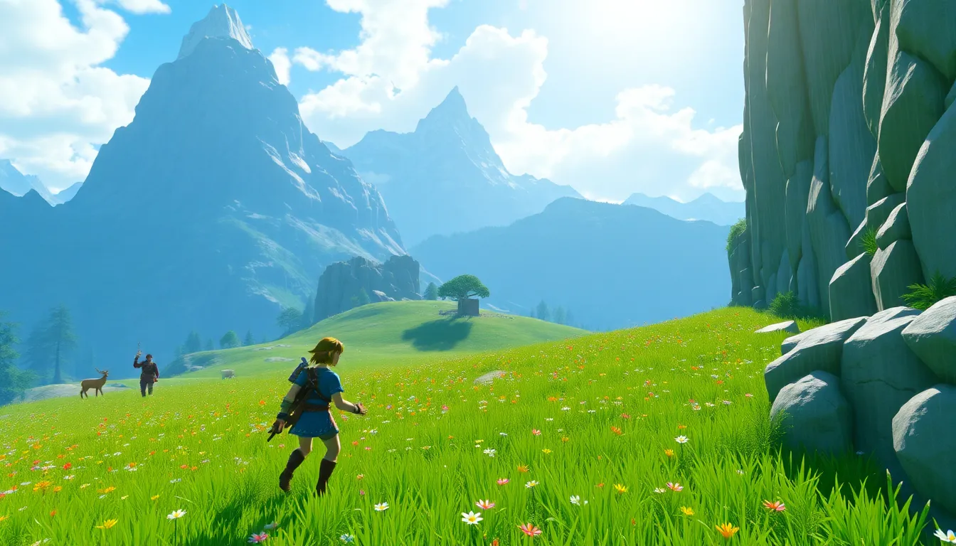 Link exploring a vibrant open world with mountains and wildlife.