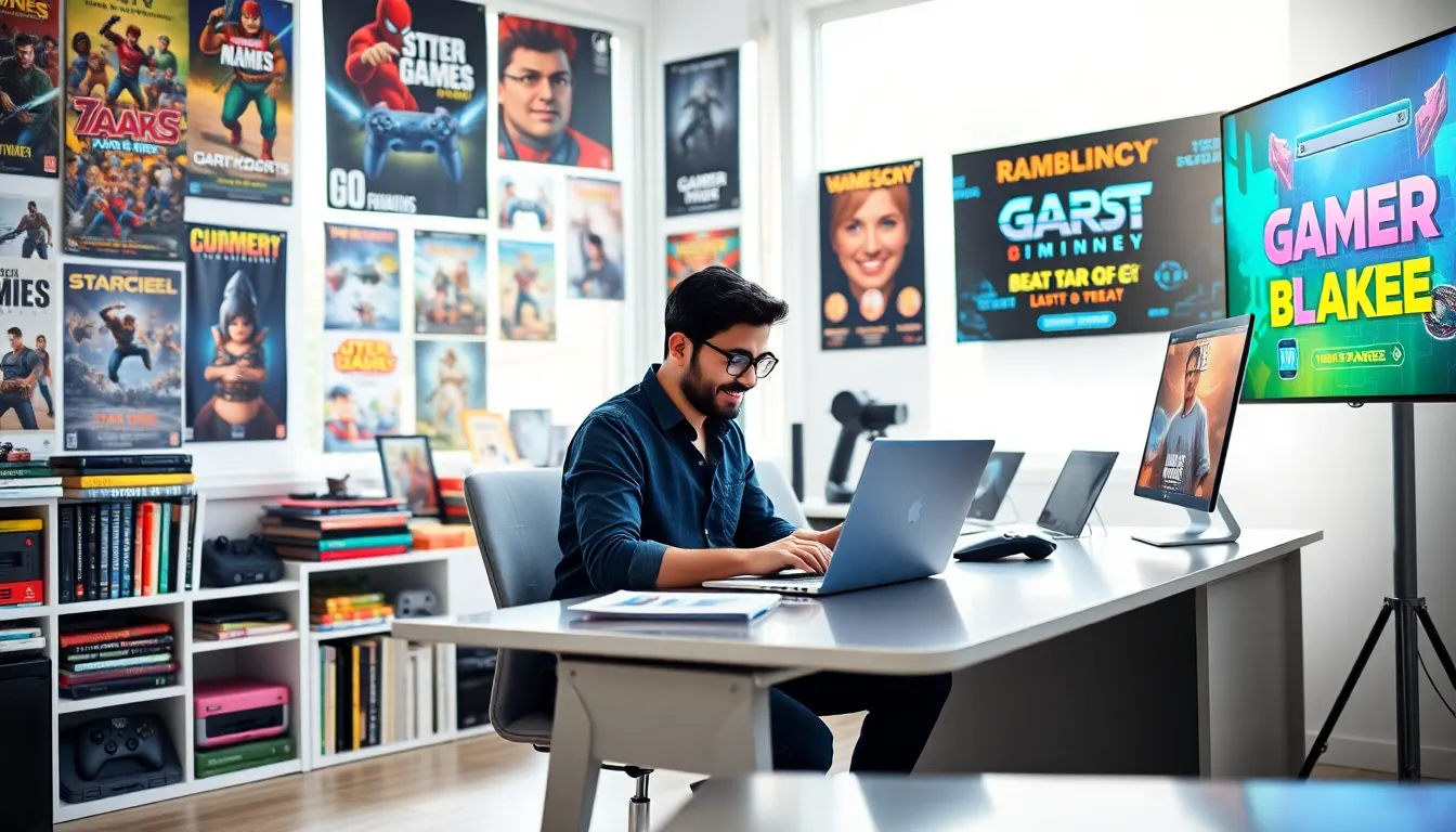 blogger in a modern office sharing gaming insights and experiences.