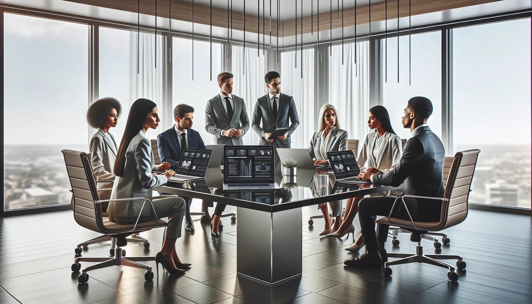 diverse professionals discussing legal streaming considerations in a modern office.
