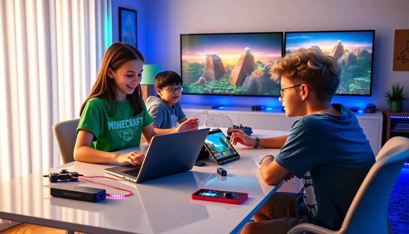 young players collaborating on Minecraft projects in a vibrant gaming room.