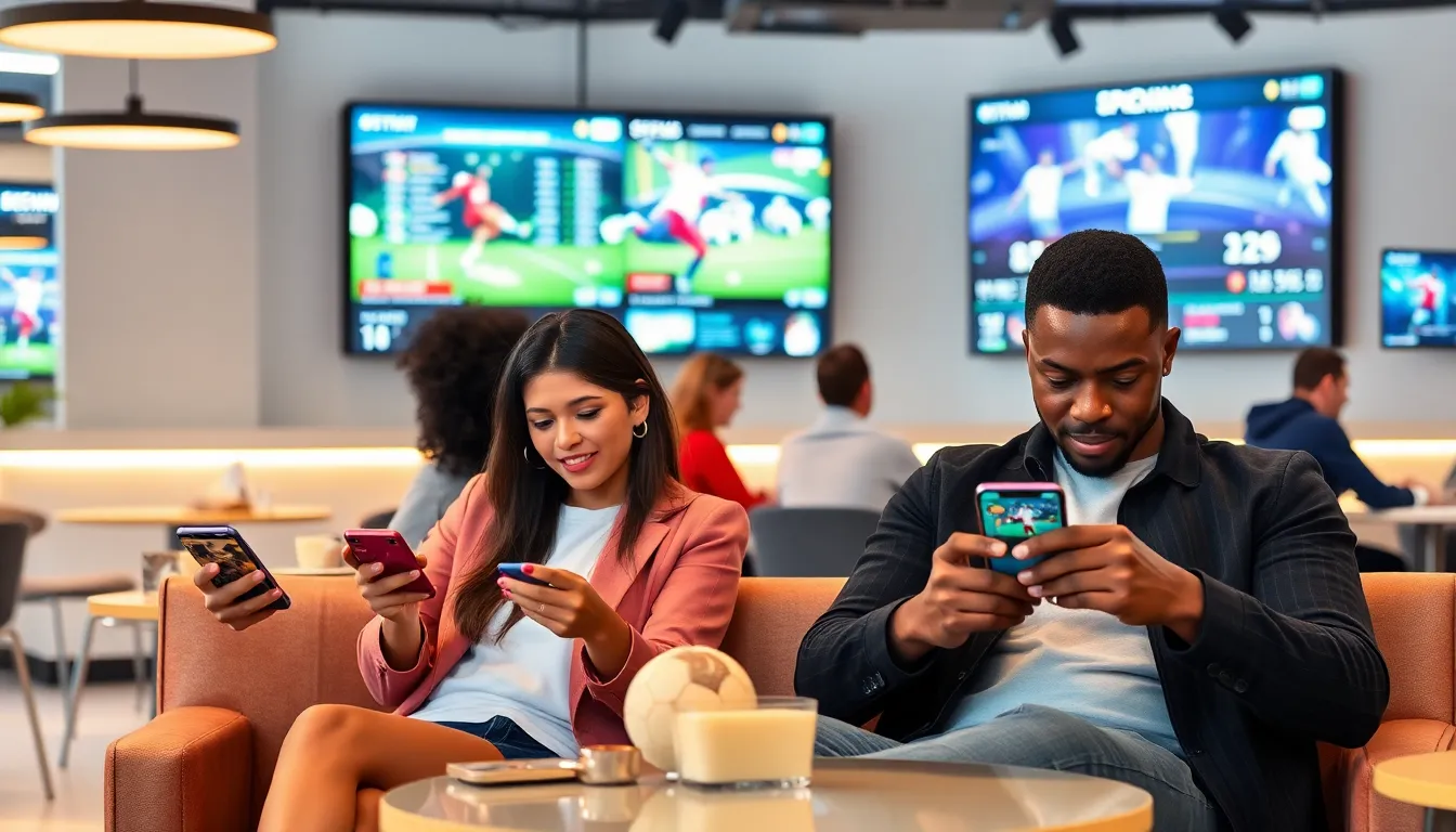 diverse young professionals engaging in mobile betting in a modern café.