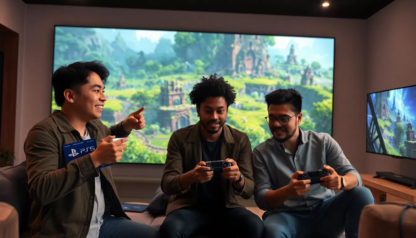 diverse gamers enjoying Elden Ring in a modern living room.