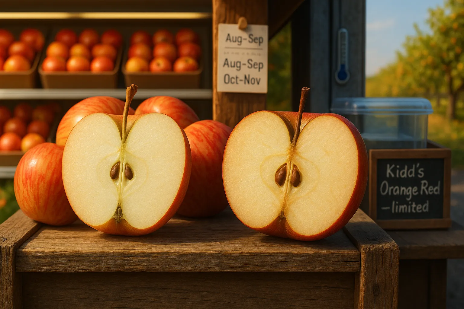 Halved Gala and Kidd’s Orange Red apples on a wooden crate with market background.