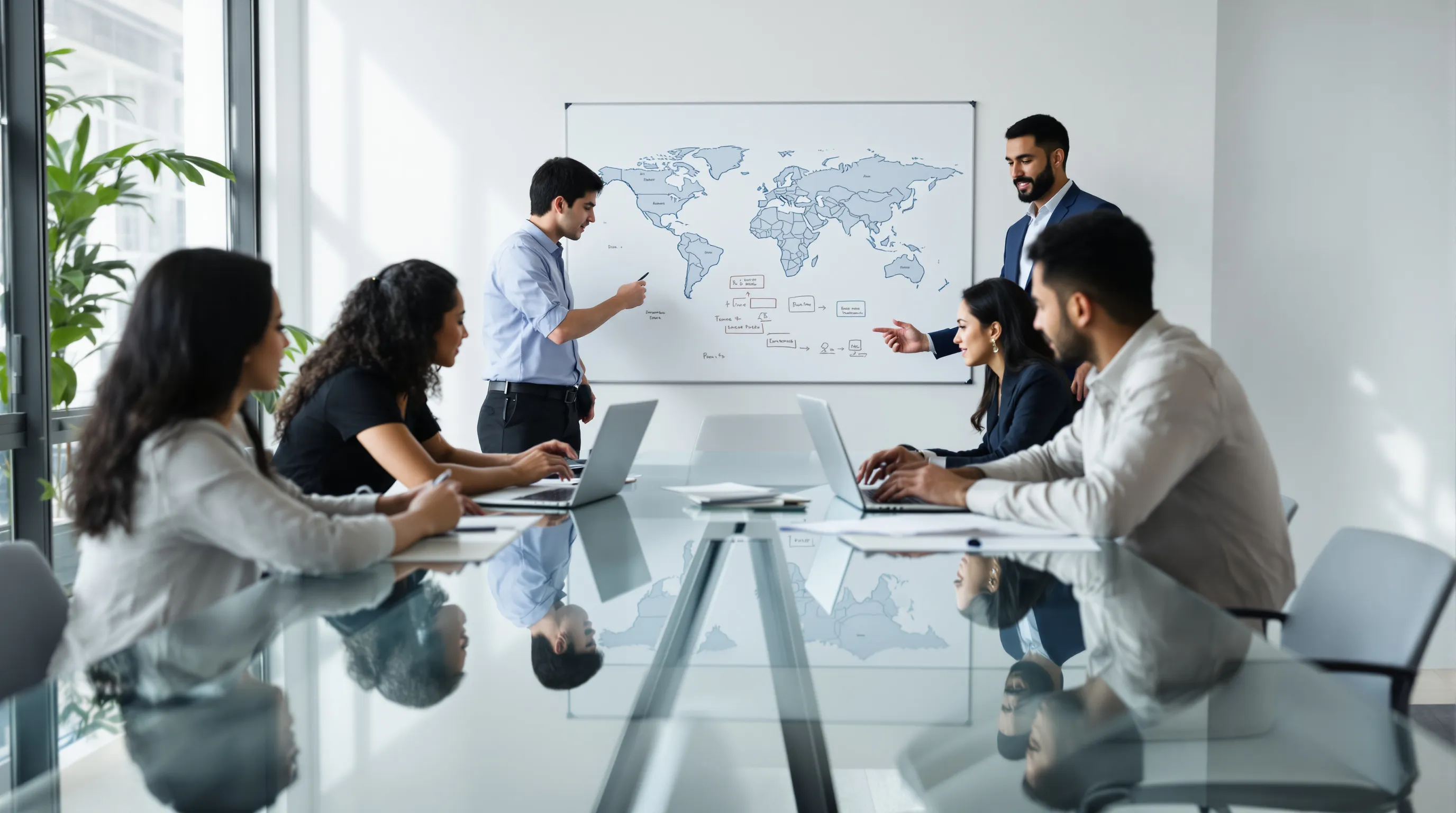 diverse team collaborating on language translation in a modern office.
