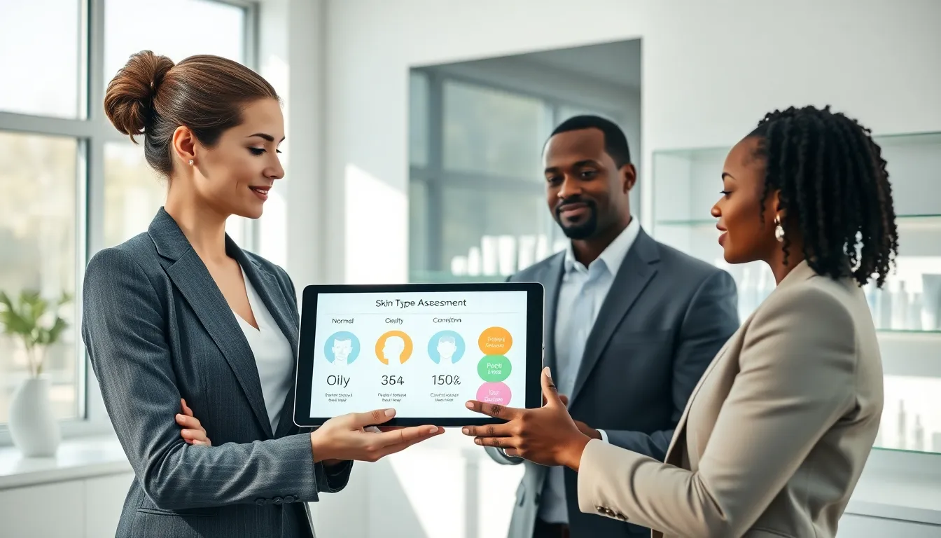 diverse professionals discussing skin types in a modern clinic.
