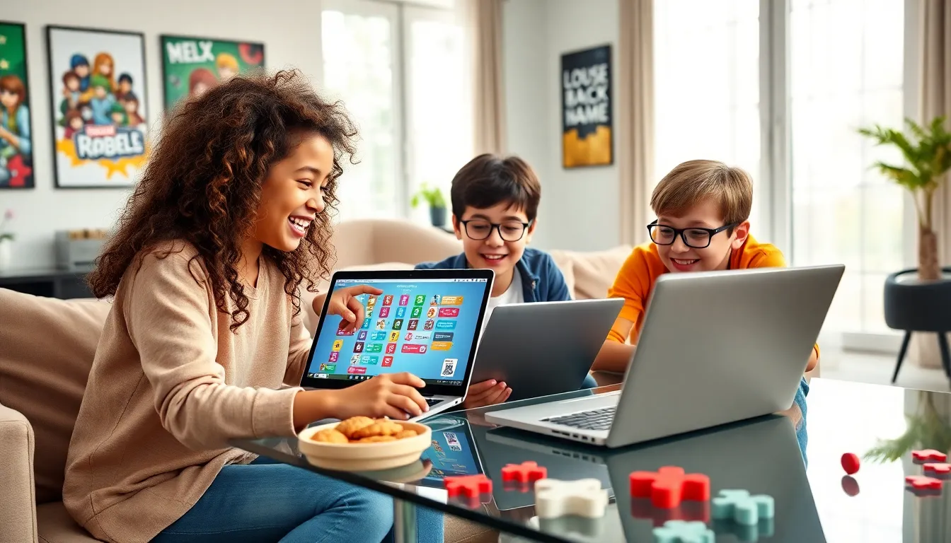 diverse group of kids collaborating on a Roblox puzzle game.