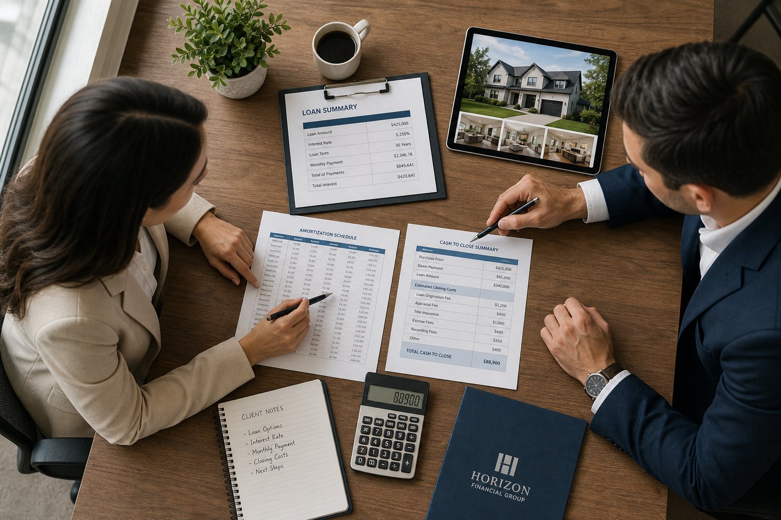 Overhead view of professionals reviewing commercial mortgage figures at a desk with tablet and calculator