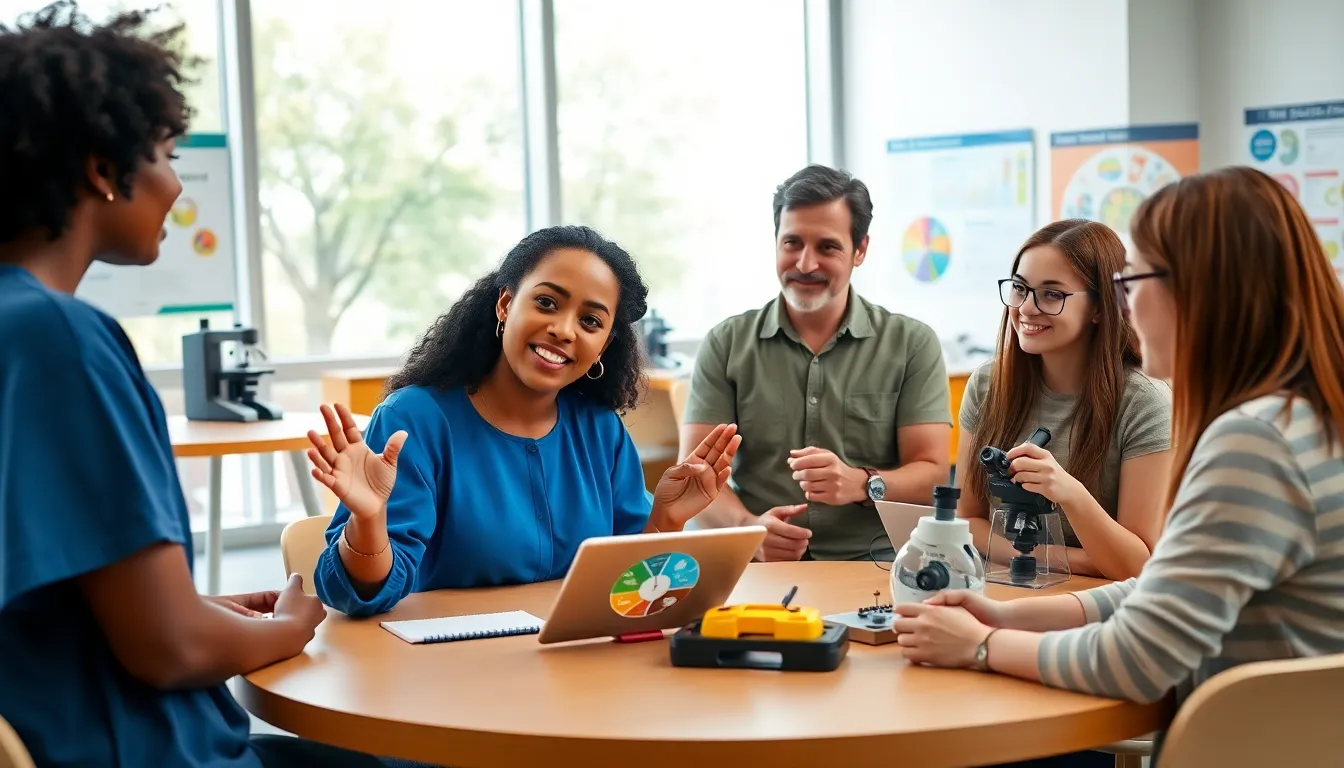 diverse students and educators collaborating in a bright classroom setting.