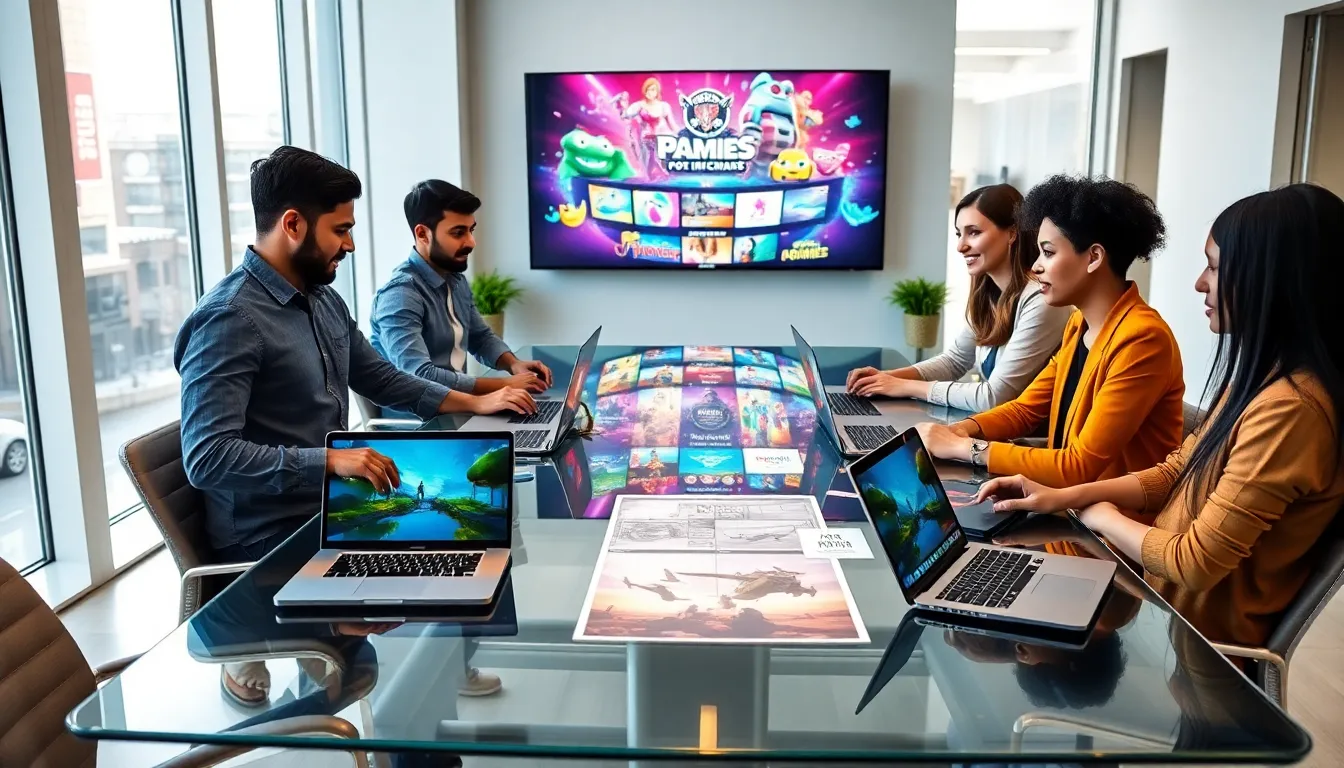 diverse team collaborating in a modern office focused on game development.