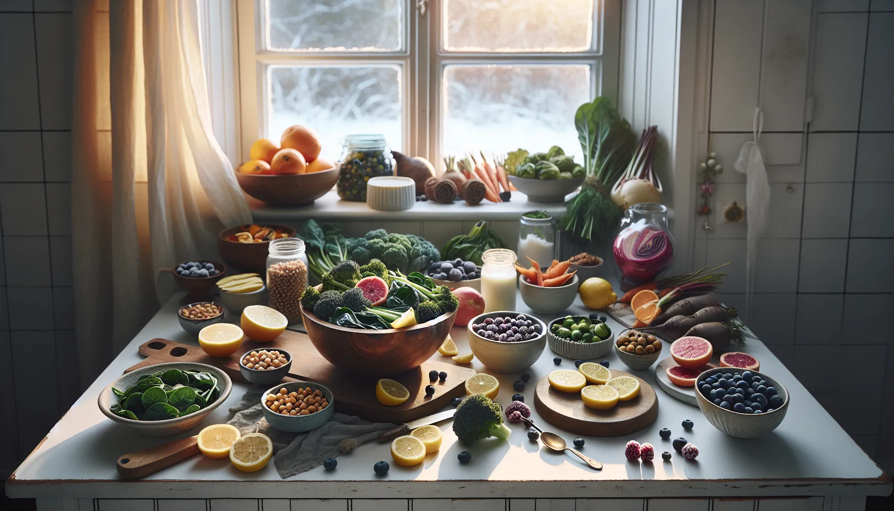 Nordic kitchen with steamed greens, berries, root vegetables, legumes, and frozen peas.