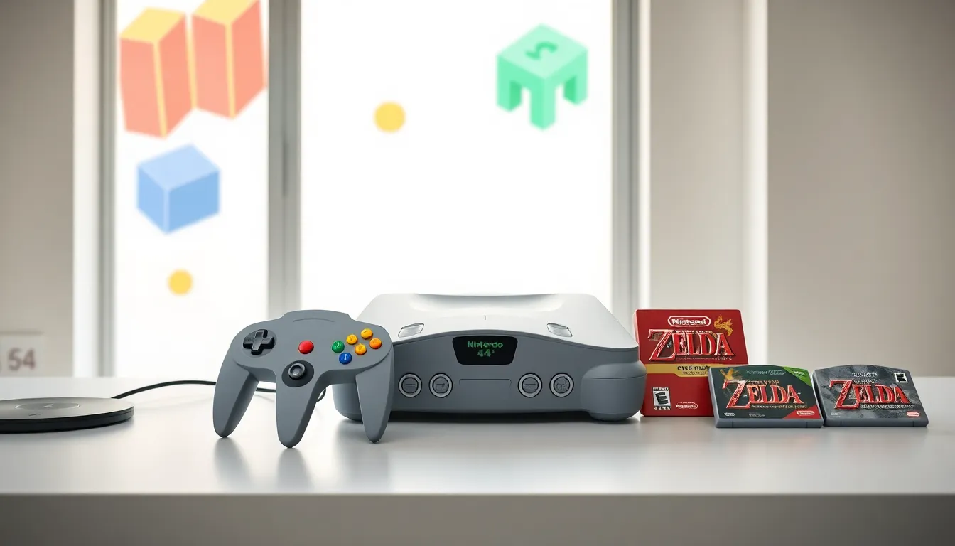 Nintendo 64 console with games and controller on a modern desk.
