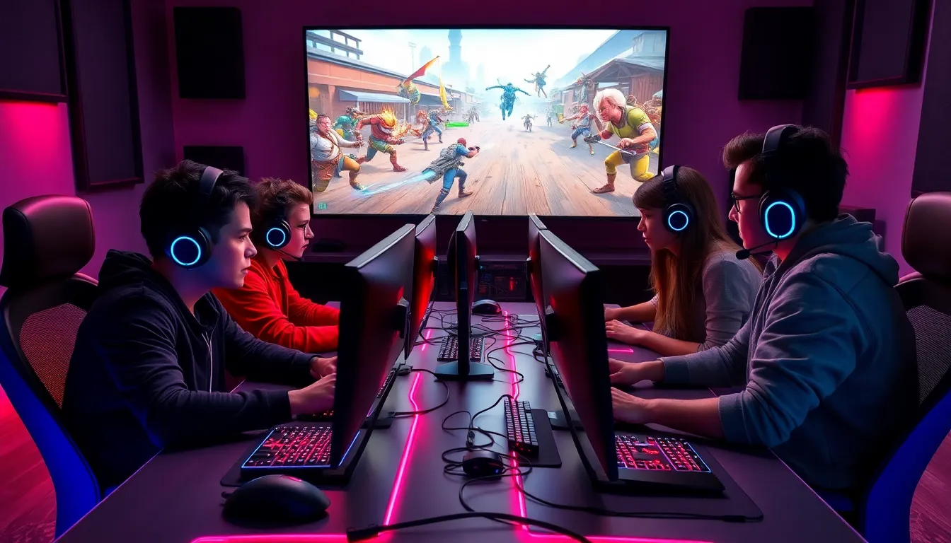 diverse gamers strategizing in a modern gaming setup.