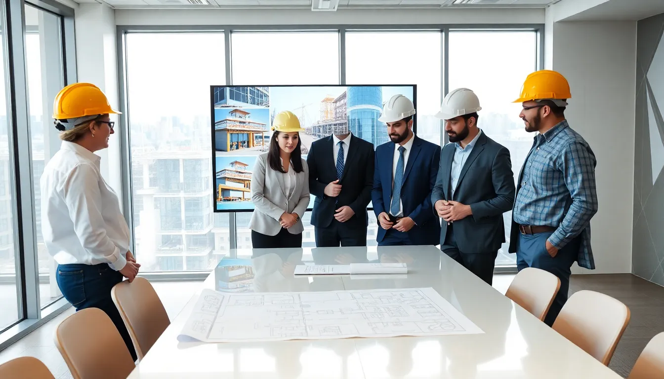 diverse construction team discussing commercial building plans in a modern office.