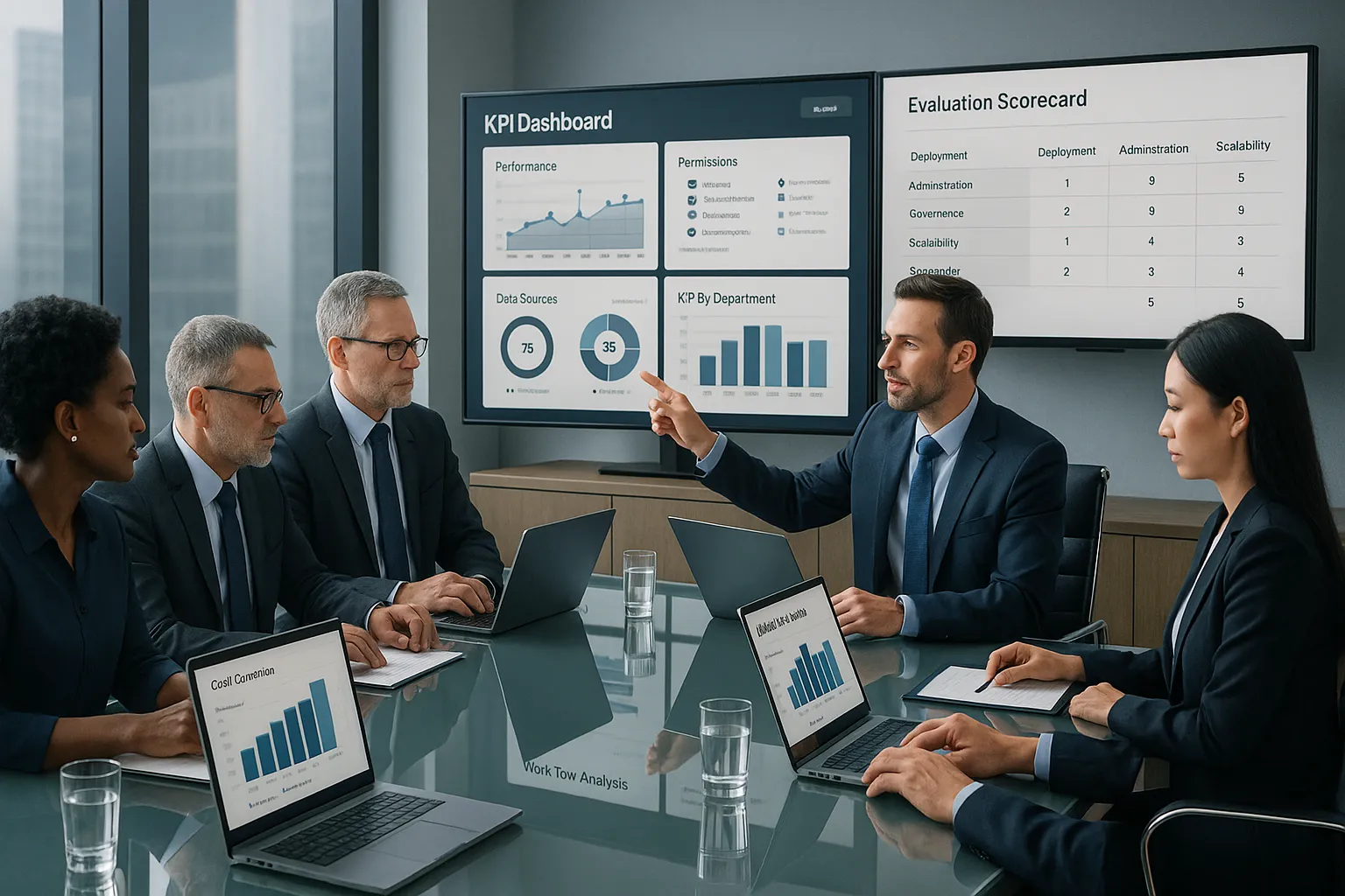 Enterprise team reviewing KPI dashboard software in a modern boardroom.