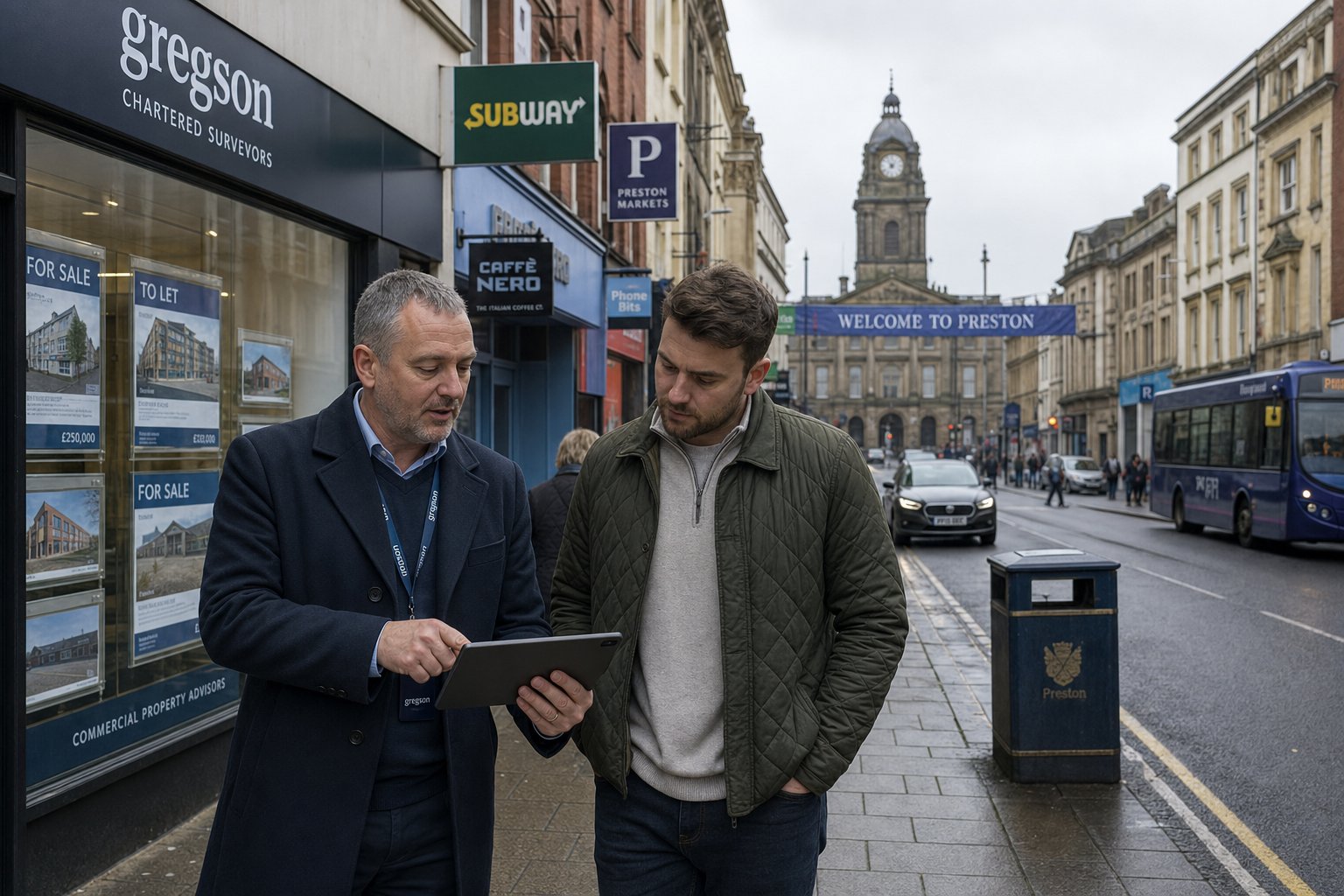 Commercial Mortgage Brokers Preston 5 Client and adviser reviewing commercial property options on a tablet along a busy Preston street.