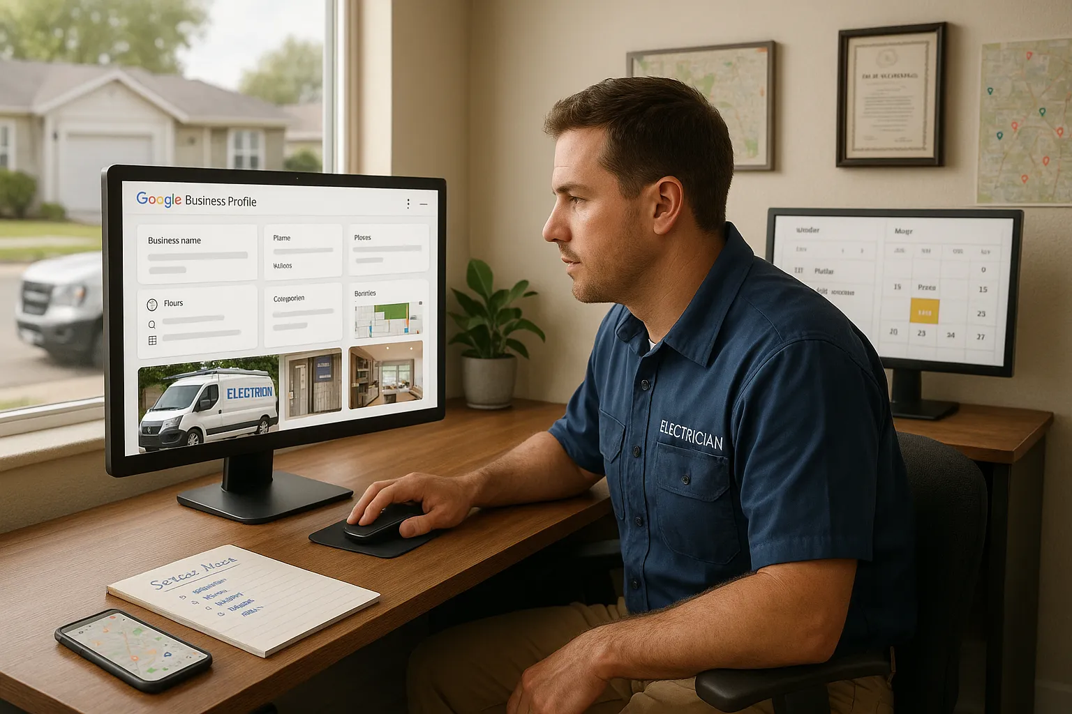 Electrician business owner optimizes his Google Business Profile in a small office.