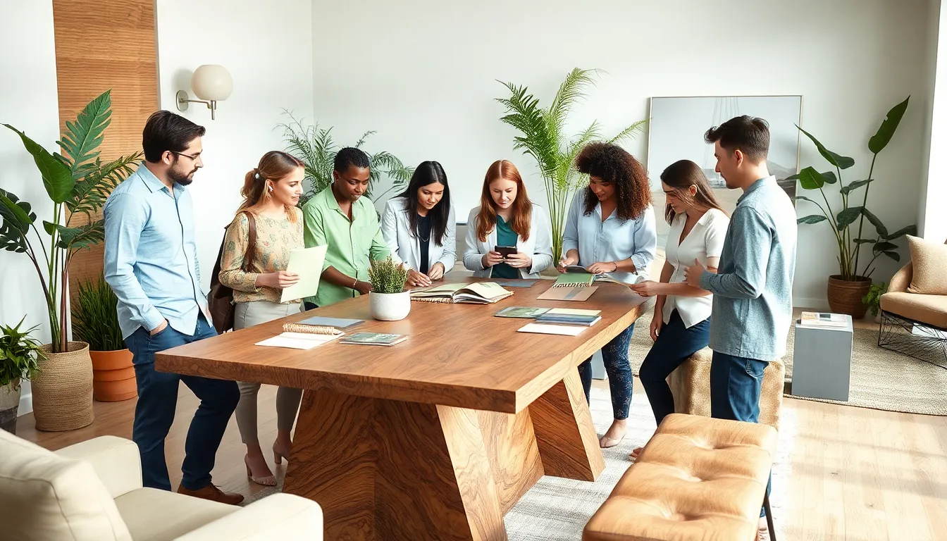 diverse interior designers discussing sustainable design in a modern workspace.