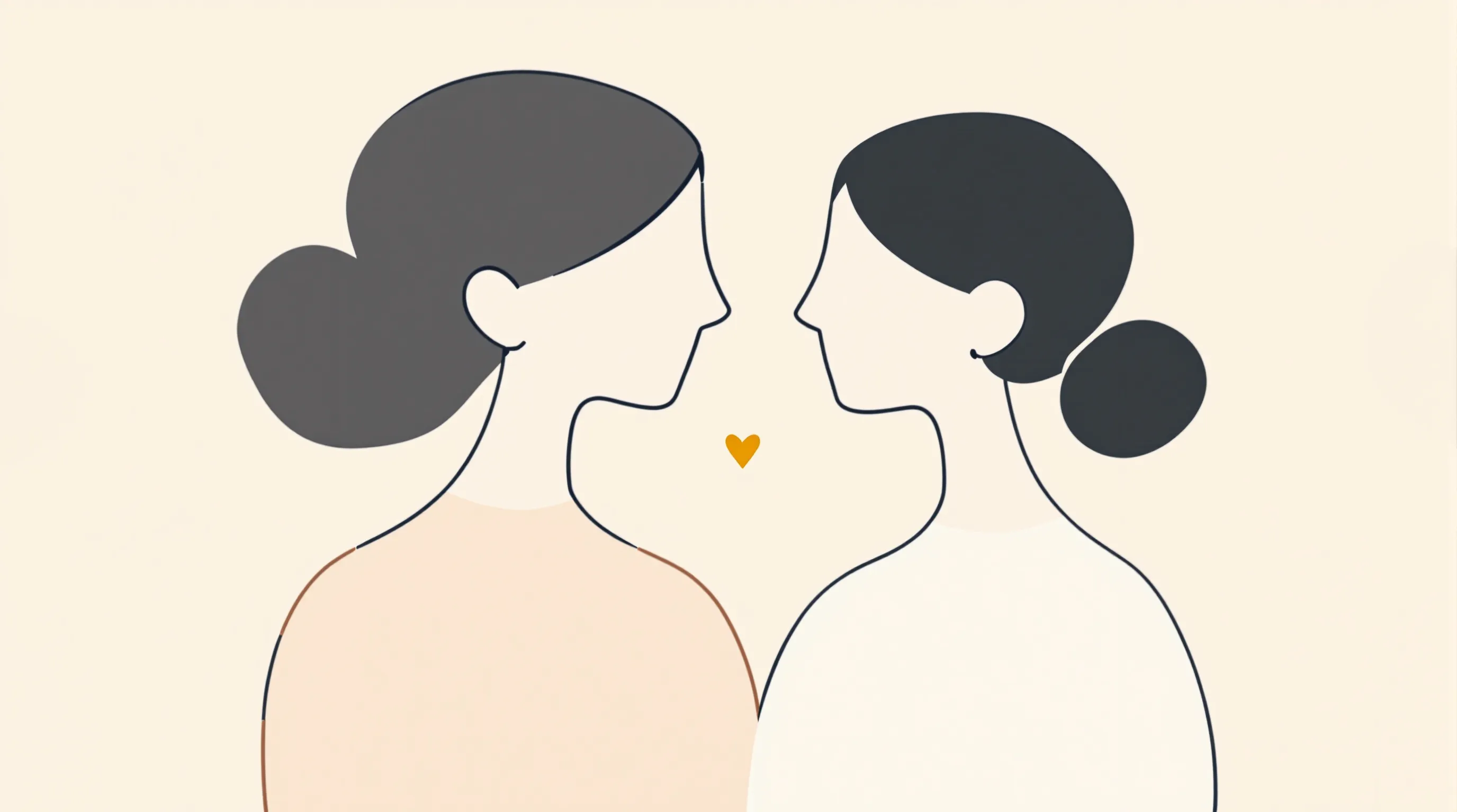 Two sisters embracing in minimalist silhouette with a golden heart symbol between them.