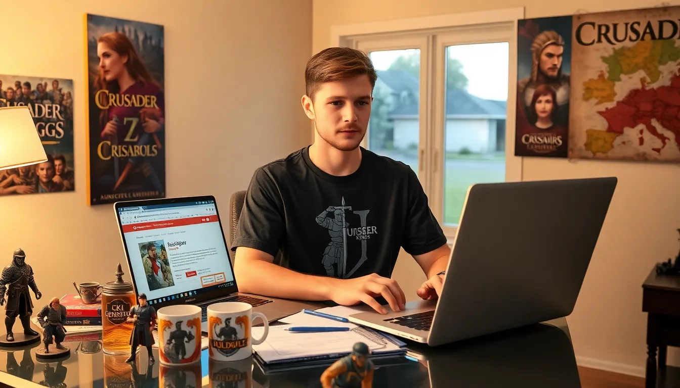 a young man using CK2Generator for Crusader Kings II gameplay tips.