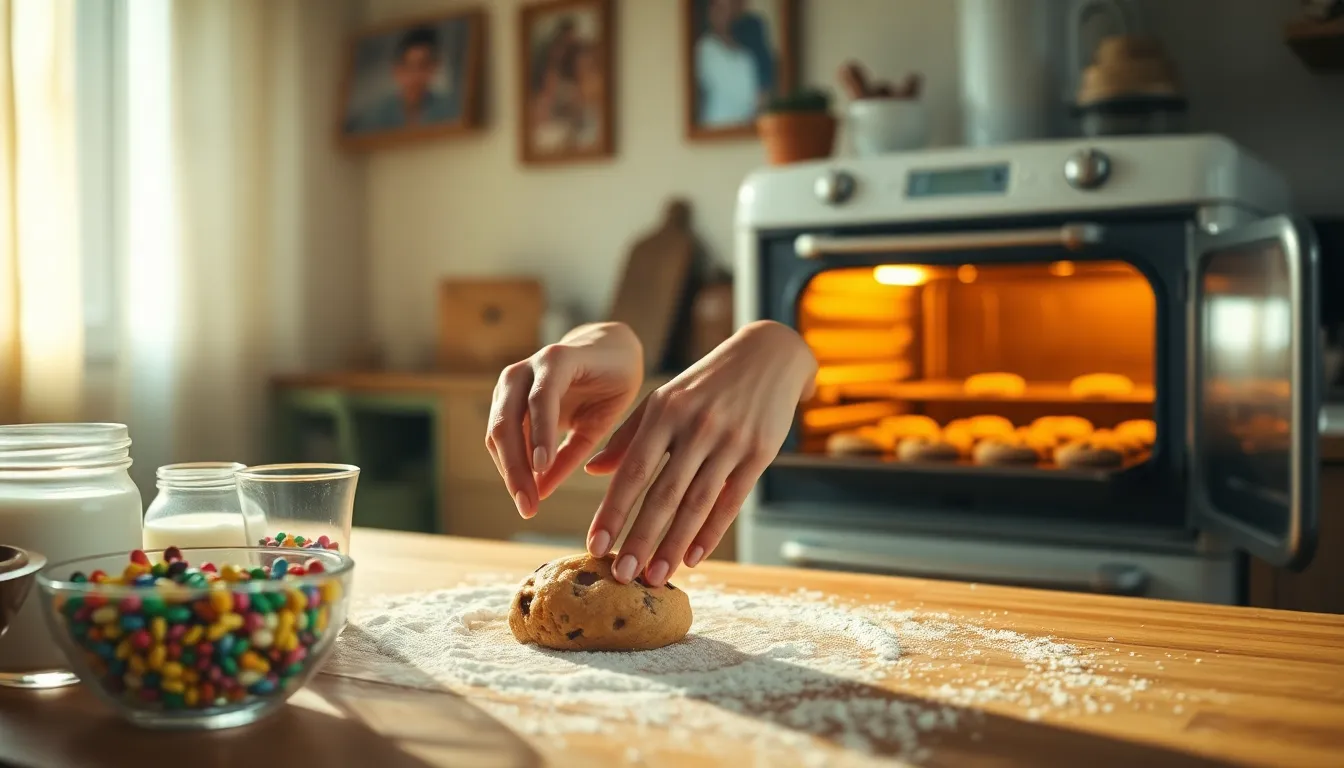 a woman baking cookies in a warm, inviting kitchen.