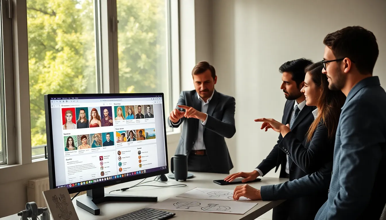 professionals collaborating over character design on a computer for a game.