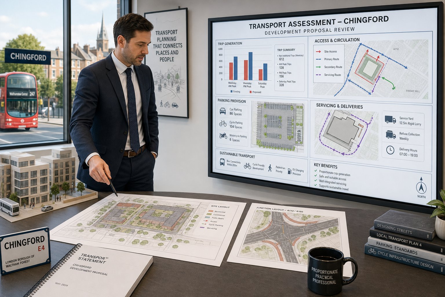 Traffic engineer reviewing development transport plans in a modern Chingford office.