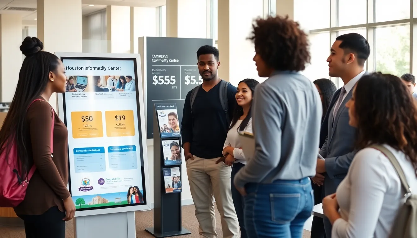 students discussing tuition costs at Houston Community College.