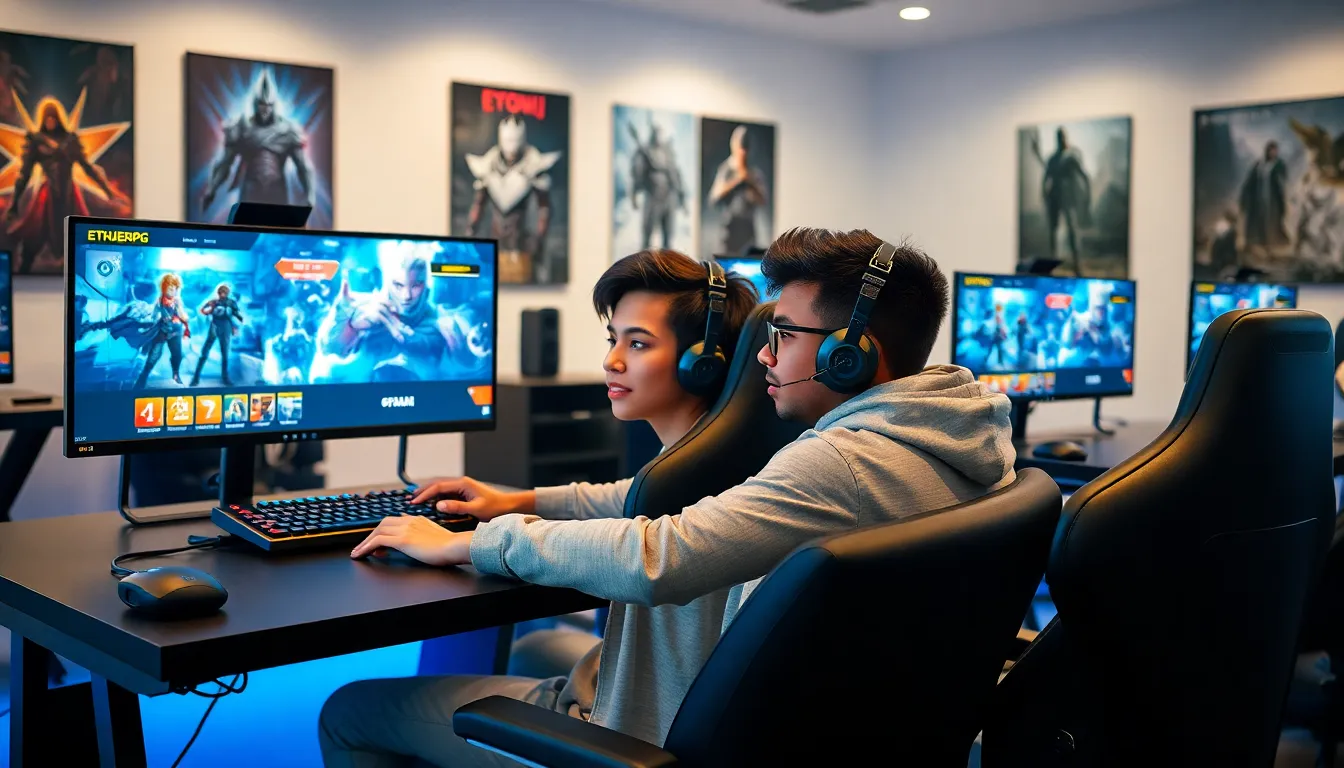 diverse gamers enjoying new Etruegames releases in a modern setting.