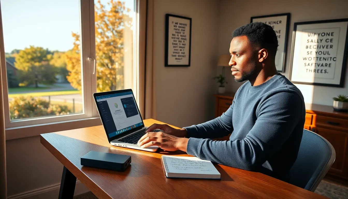 a man in a home office focusing on cybersecurity with natural light.