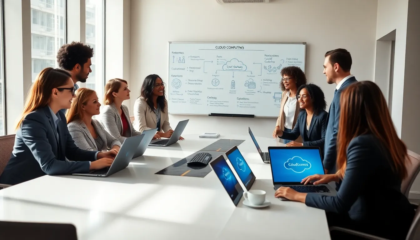 professionals discussing cloud computing models in a modern office.