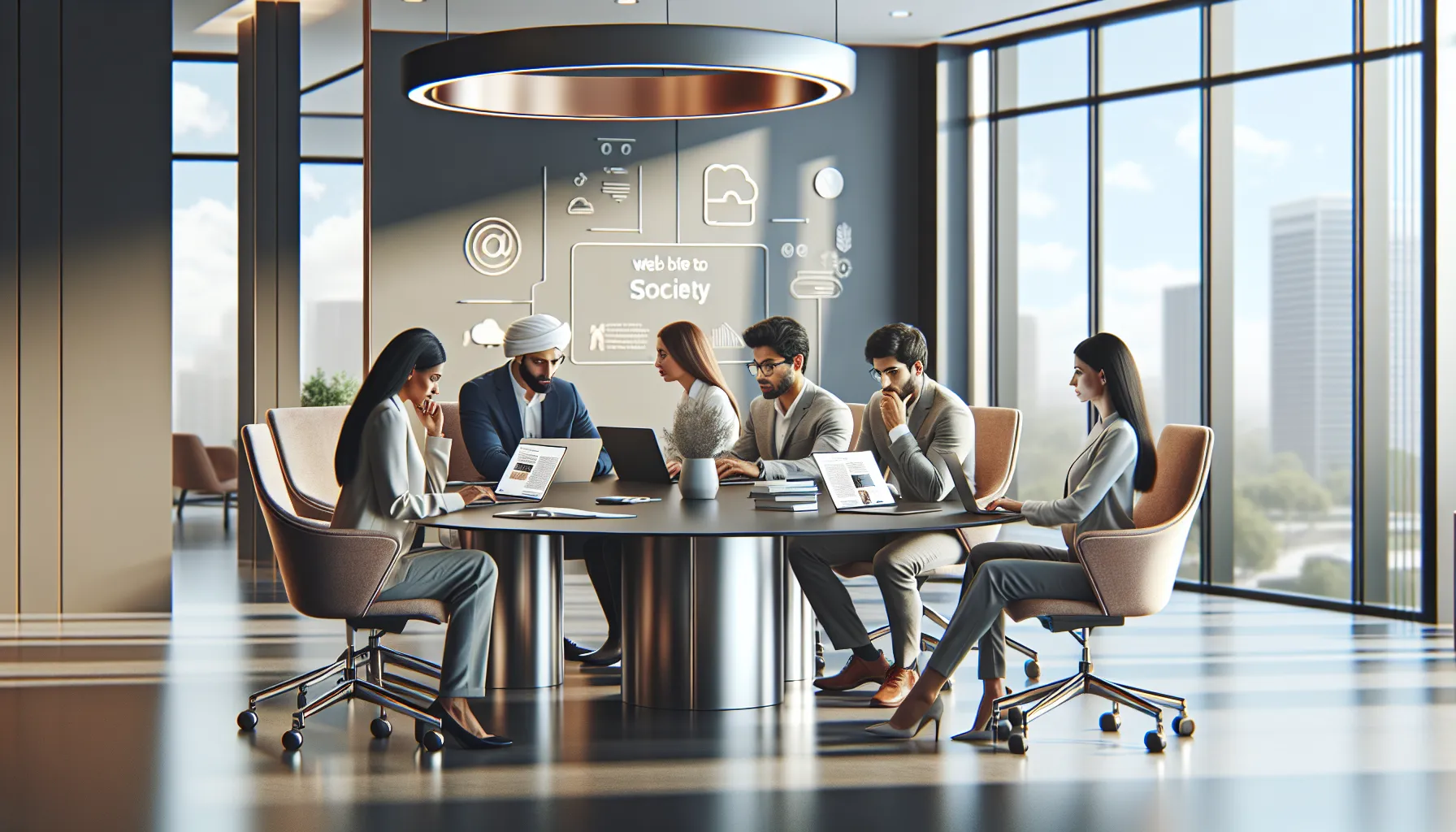 diverse team discussing blog content in a modern office.