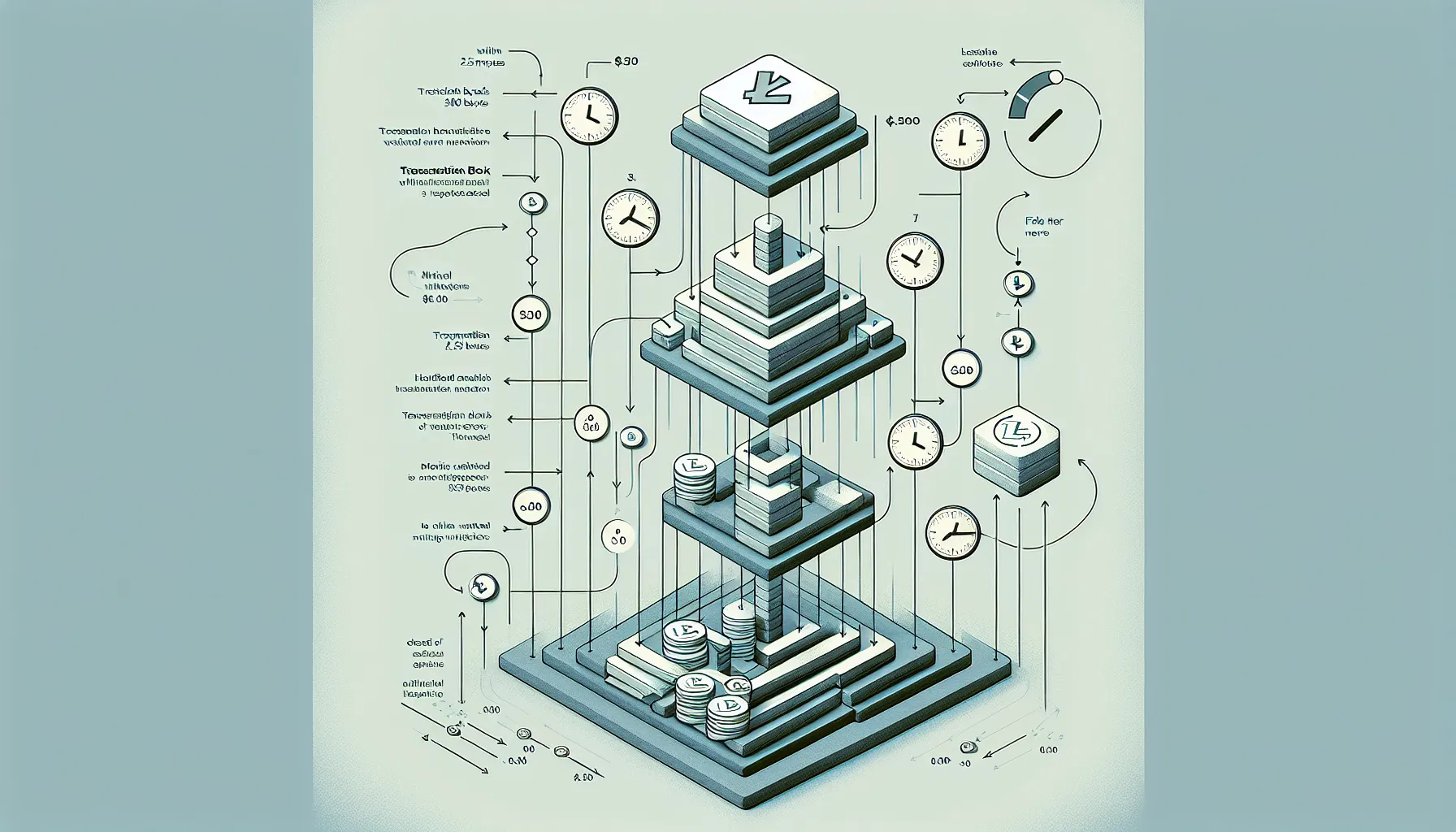 Vertical diagram showing Litecoin transaction fee process with byte size, speed, and cost elements.