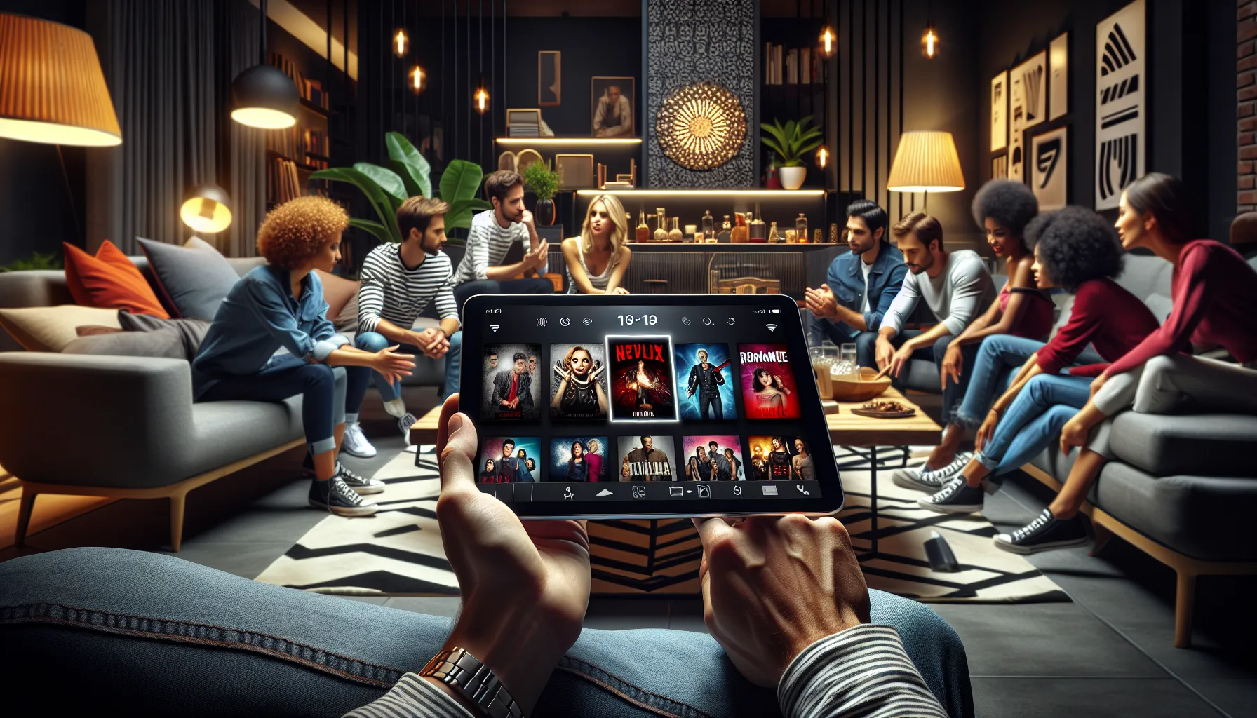 friends enjoying a film on a streaming platform in a cozy setting.