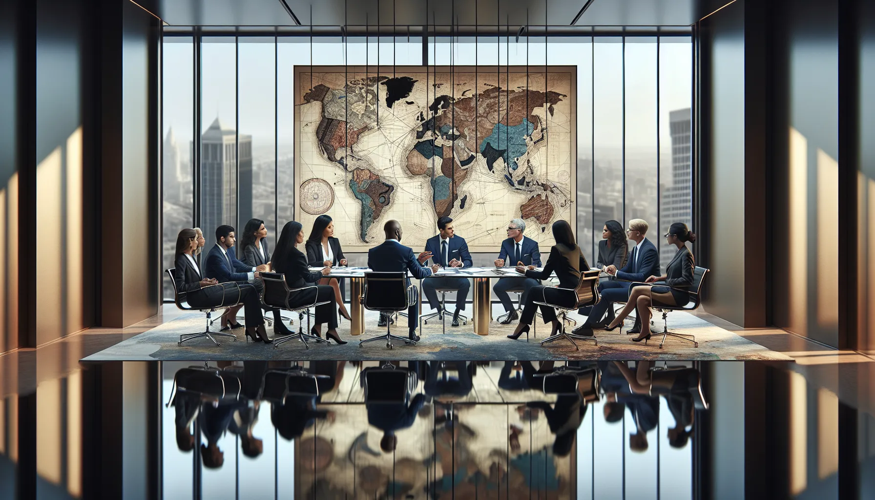 diverse professionals discussing historical conflicts in a modern conference room.
