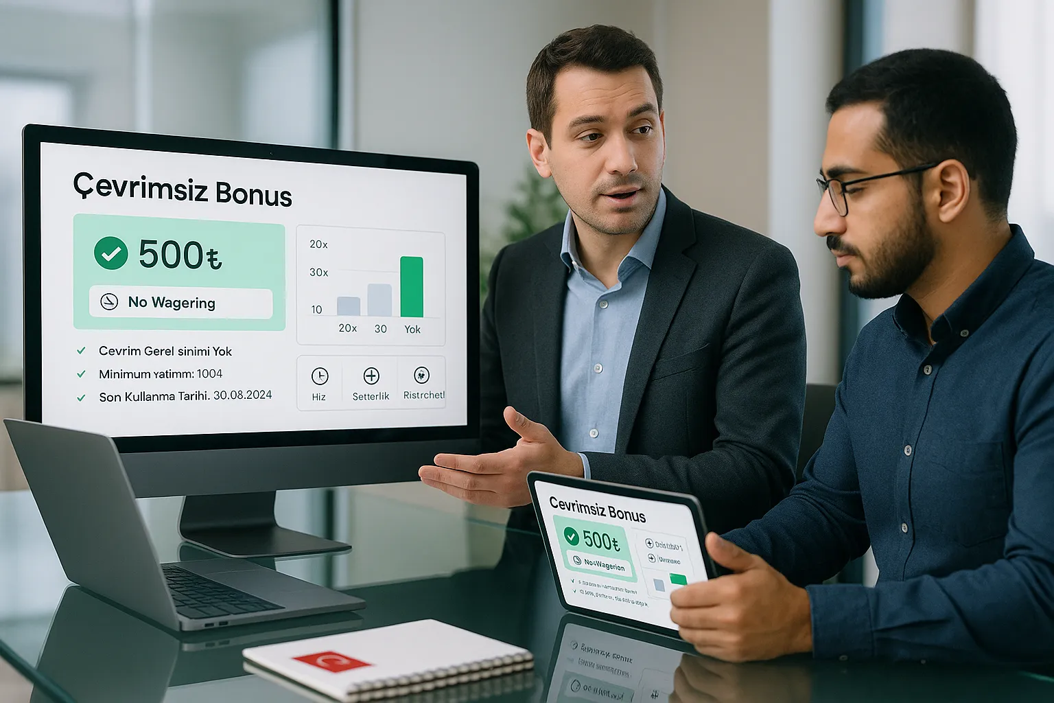 Professionals reviewing a Çevrimsiz Bonus dashboard on a tablet and monitor.
