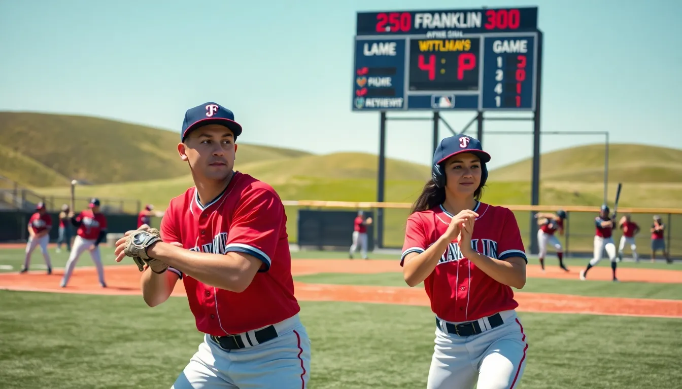 Franklin High School baseball players practicing on a diamond.