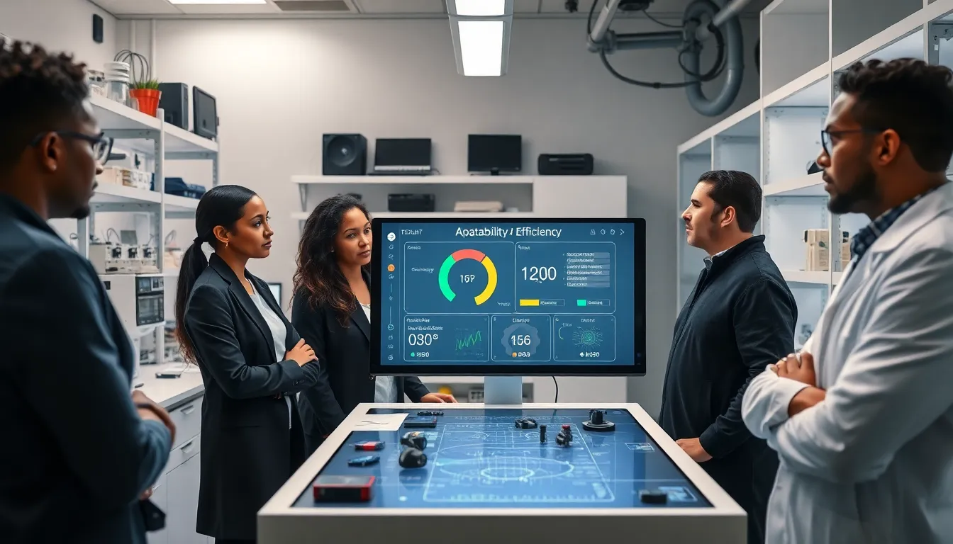 diverse team discussing innovative technology in a modern lab.