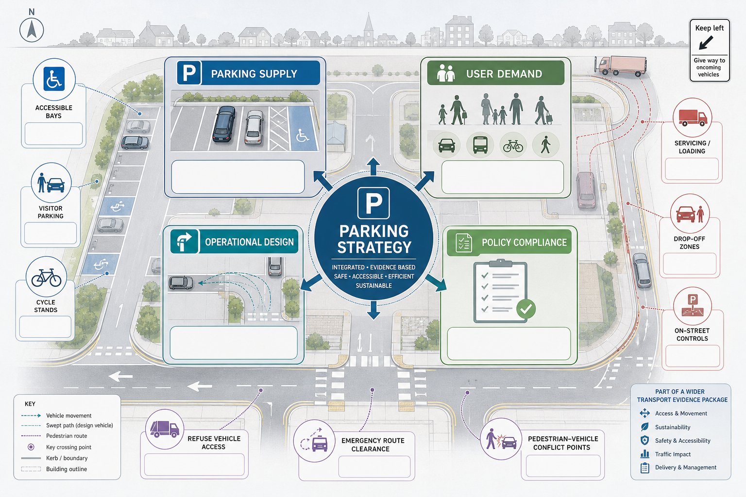 Infographic showing how parking strategy connects design, demand, access, and policy.