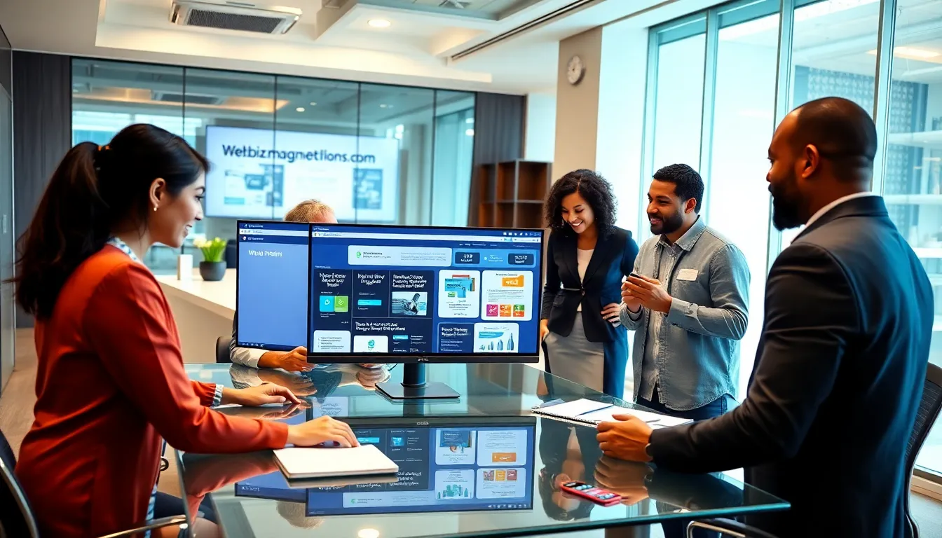 professionals collaborating in a modern office using Webbizmagnet.com software.