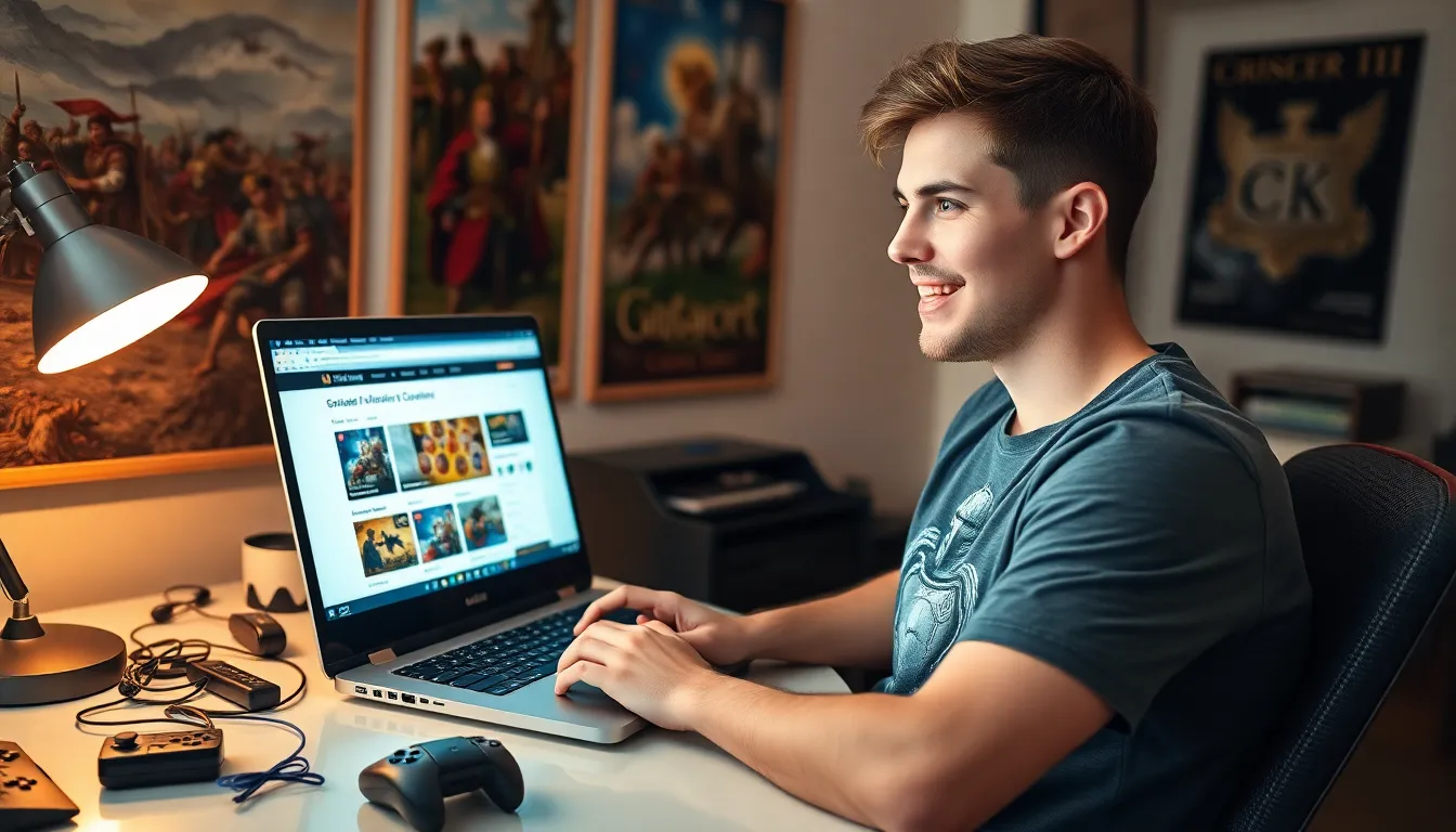 a focused gamer using CK2Generator tools on his laptop.