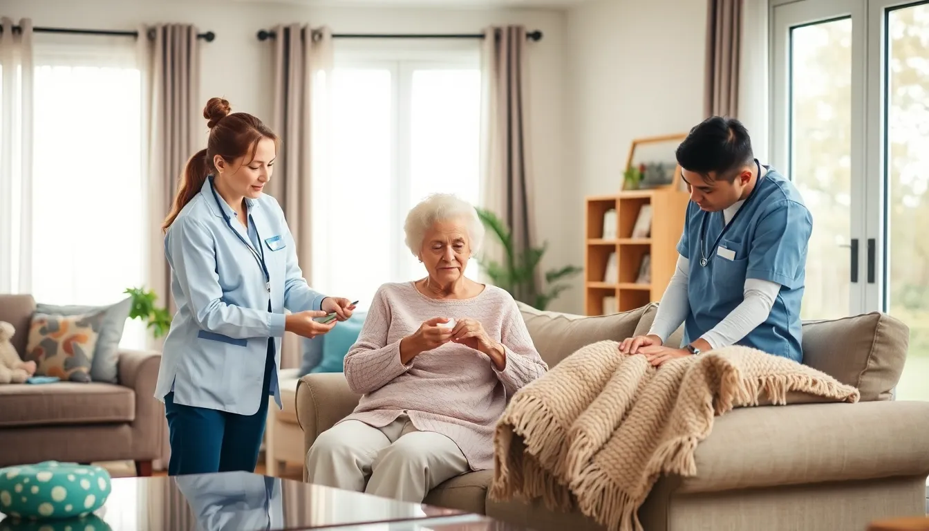 Diverse caregivers assisting an elderly woman in a warm home setting.