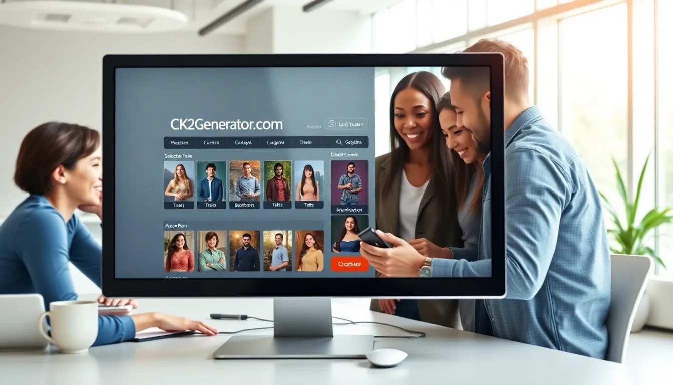diverse group enjoying character creation on CK2Generator.com at a modern office.