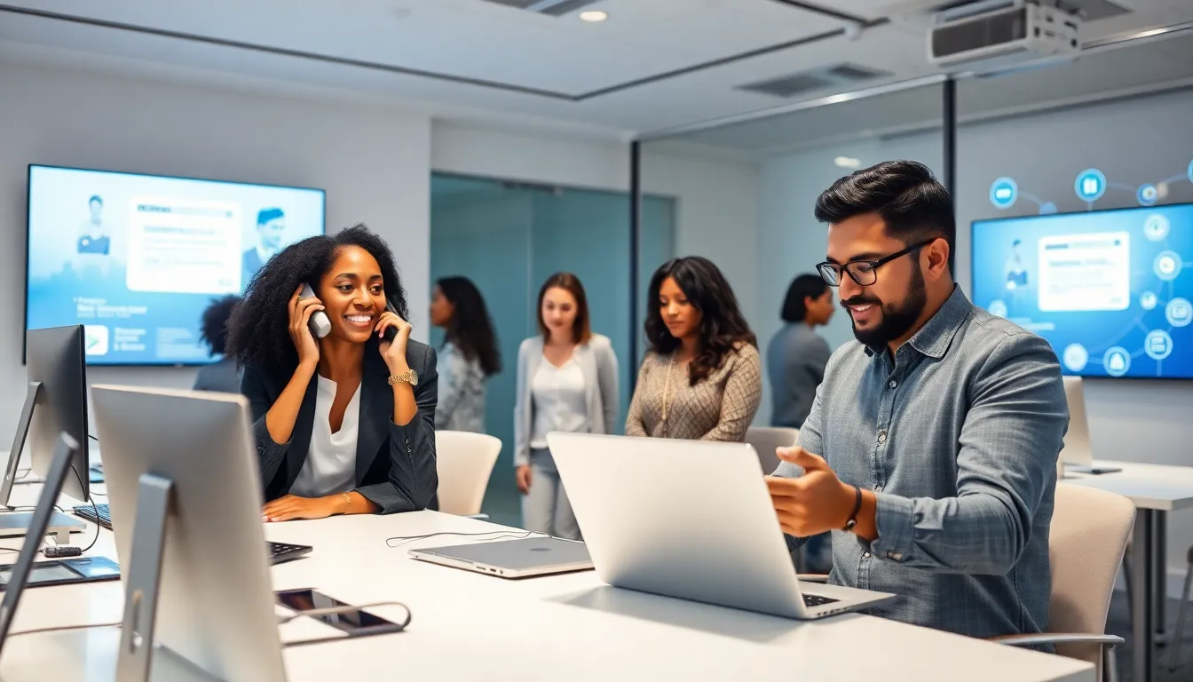 diverse team in a modern office discussing hotline services.