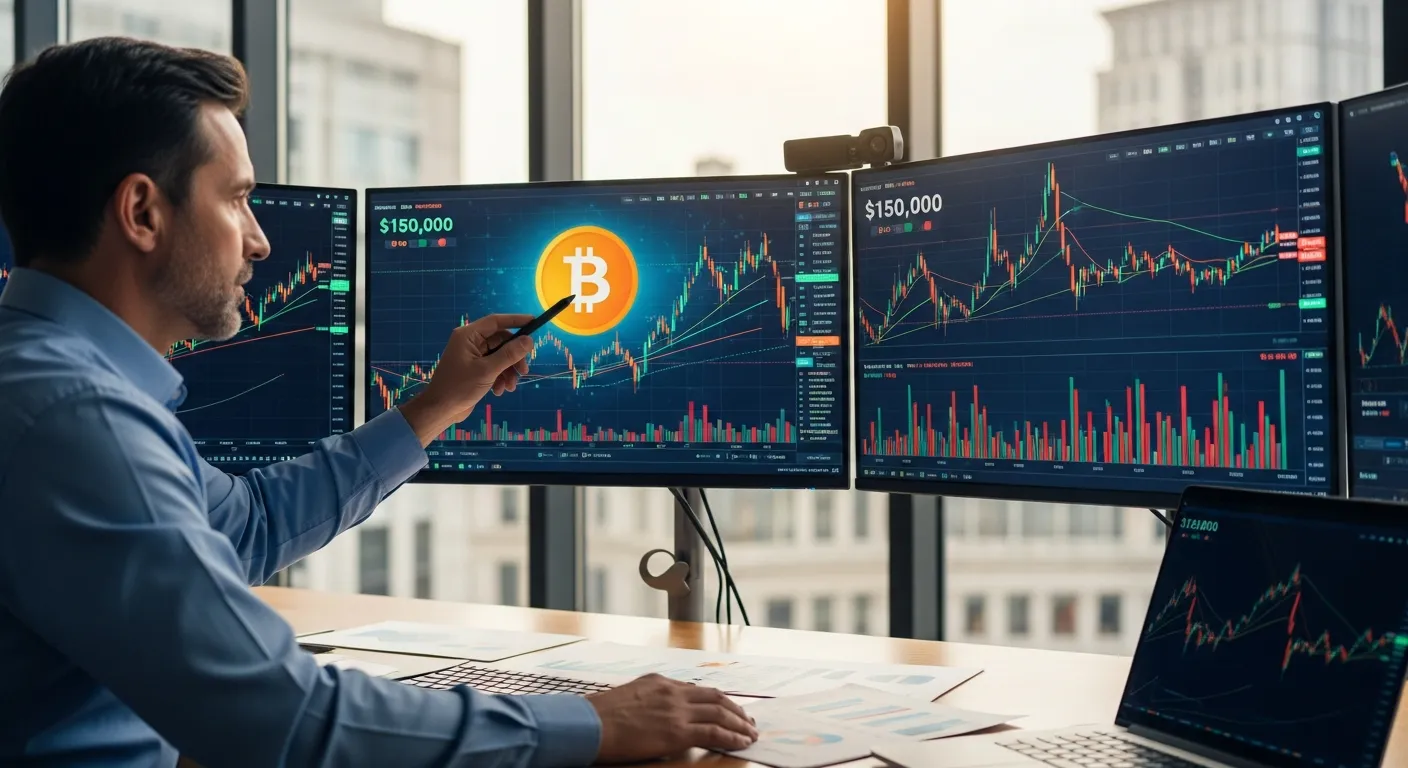 Financial analyst studies Bitcoin market charts forecasting $150K price
