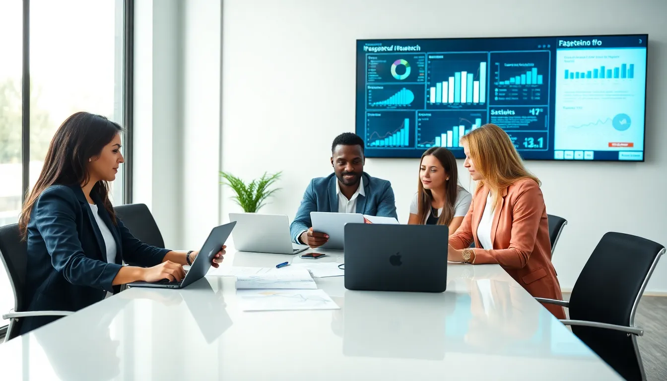 diverse team collaborating in a modern office for research.
