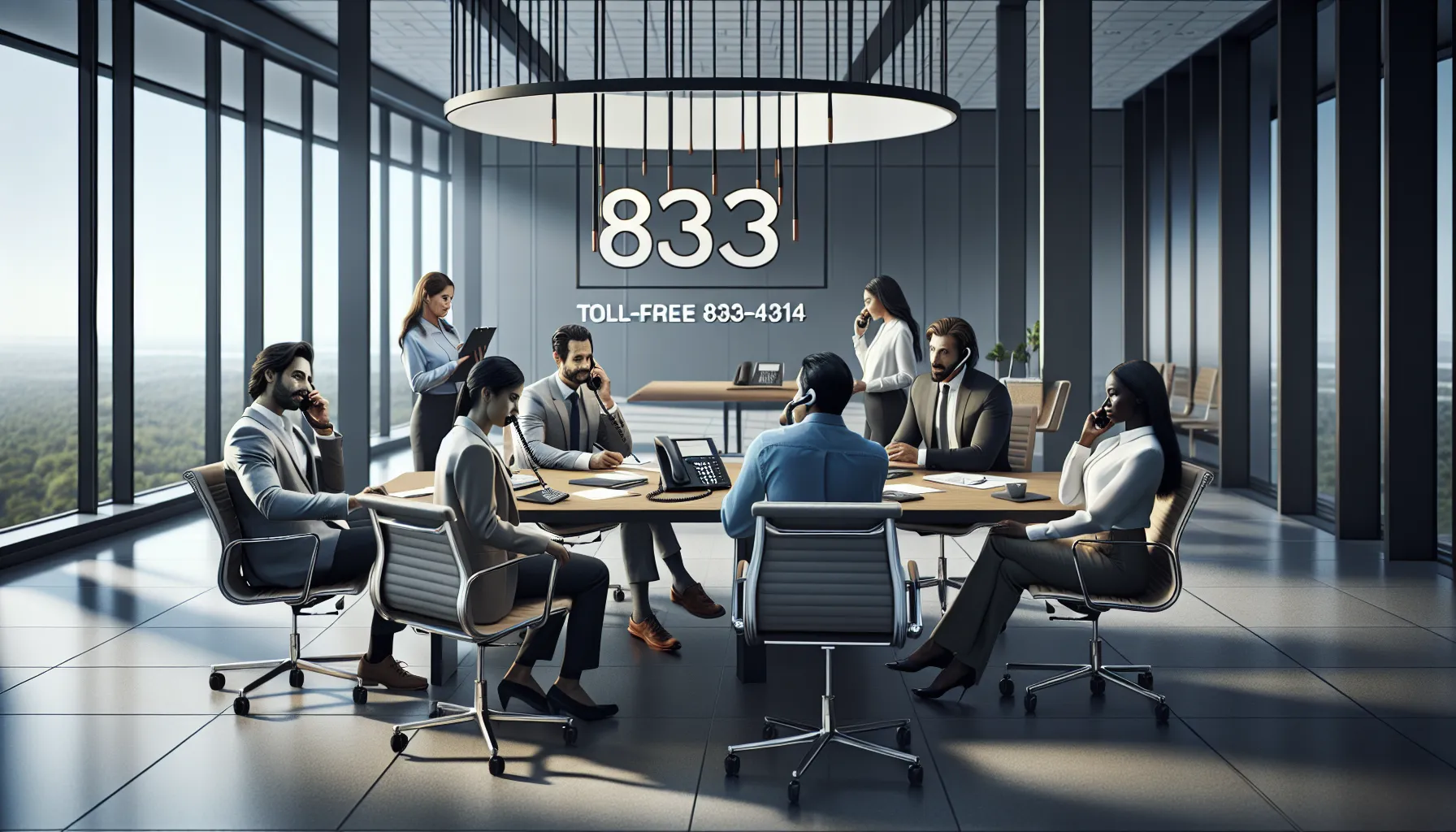 professionals discussing toll-free numbers in a bright office setting.