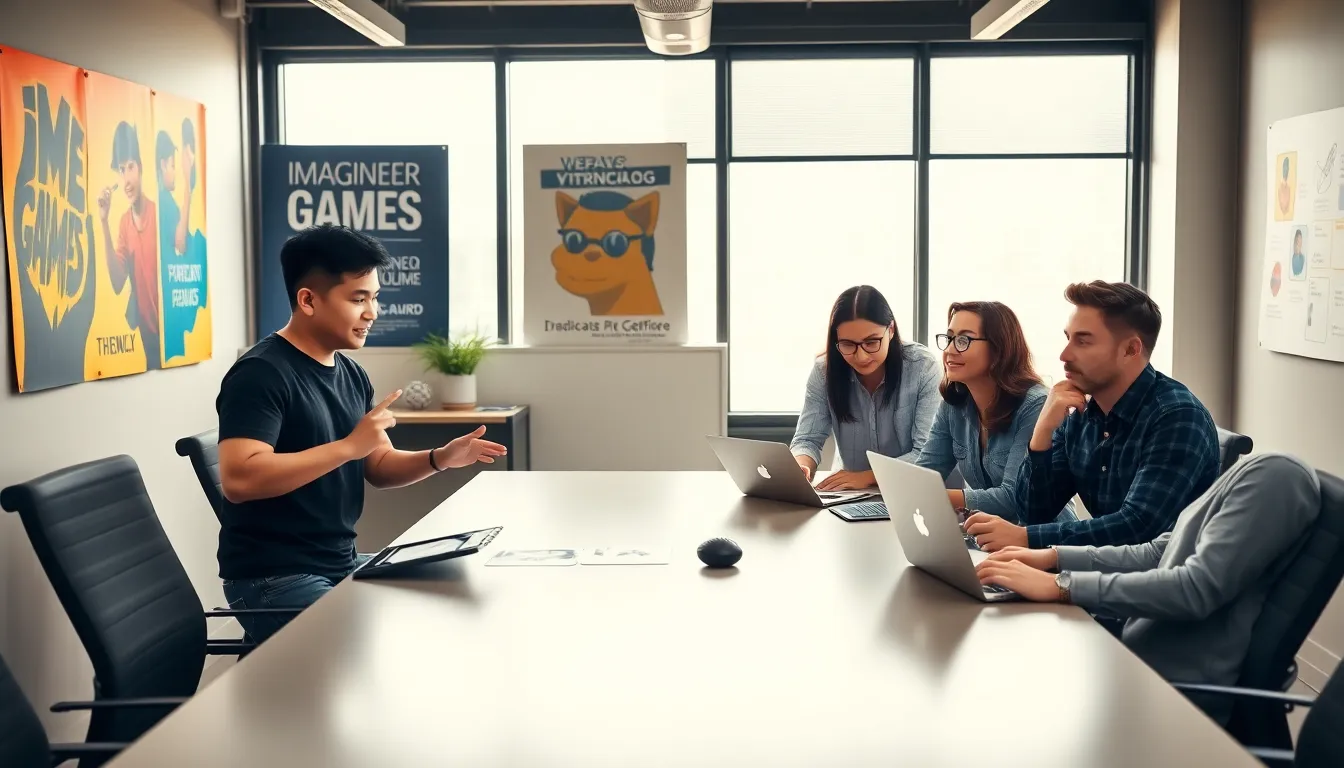 a diverse team brainstorming in an office for Imagineer Games.